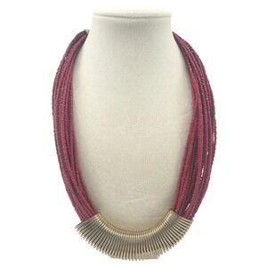 Coldwater Creek Magenta Multi Strand Seed Bead Necklace Gold Ribbed Statement